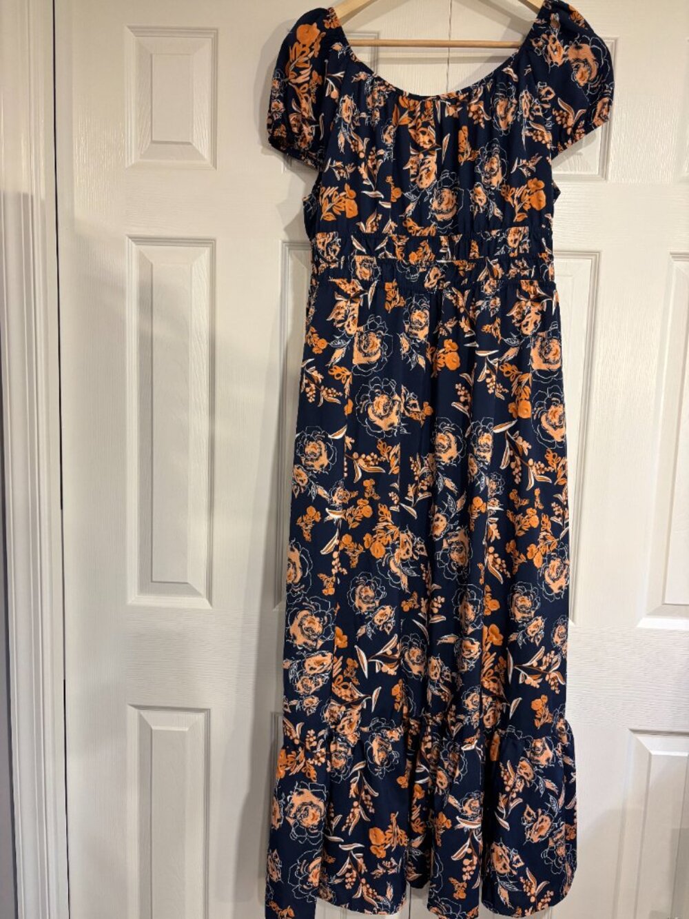 Shein Curve Maxi Dress Floral Split Thigh Ruffle Hem Navy Blue & Orange 1XL - Picture 7 of 9